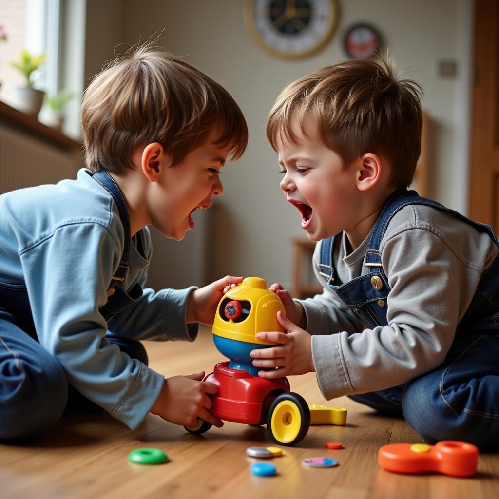 Two boys fighting over a toy