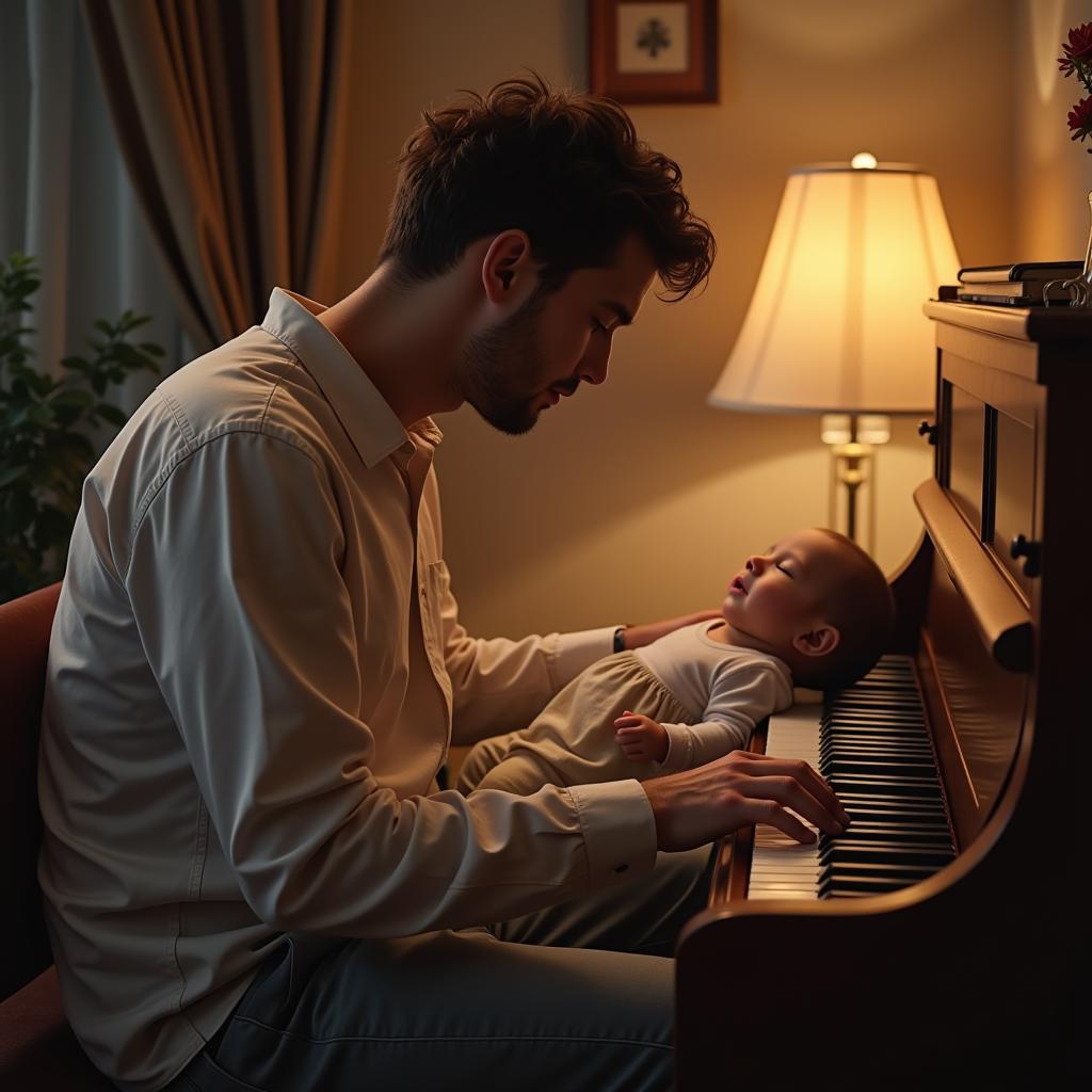 Father playing piano lulls baby to sleep