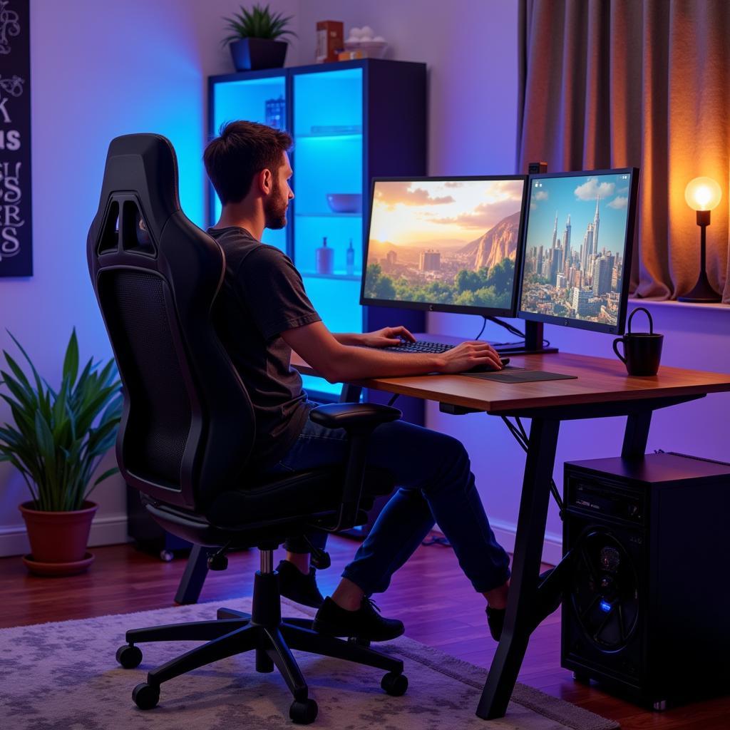 Gamer Using L-Shaped Desk