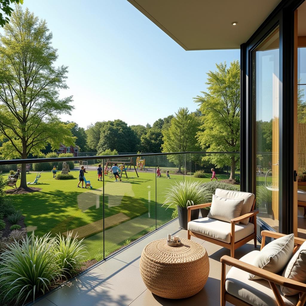 Beautiful balcony overlooking a spacious playground