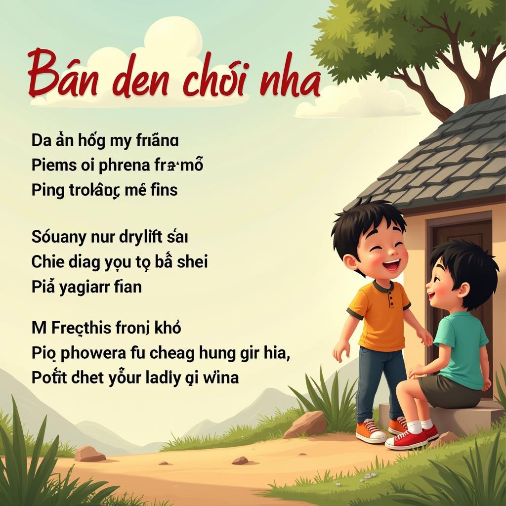 Hình ảnh minh họa bài thơ Bạn đến chơi nhà với hai người bạn đang trò chuyện vui vẻ trong một ngôi nhà đơn sơ.