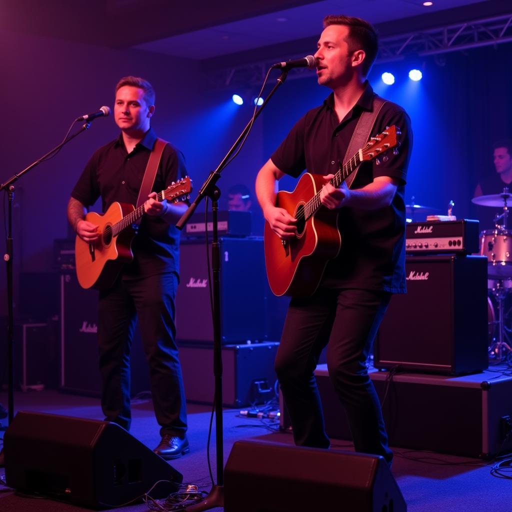 Band Playing Music with Acoustic Guitar and Amplifier