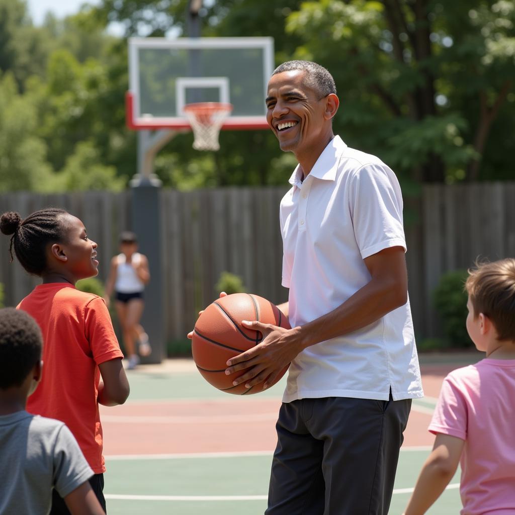 Barack Obama chơi bóng rổ với trẻ em