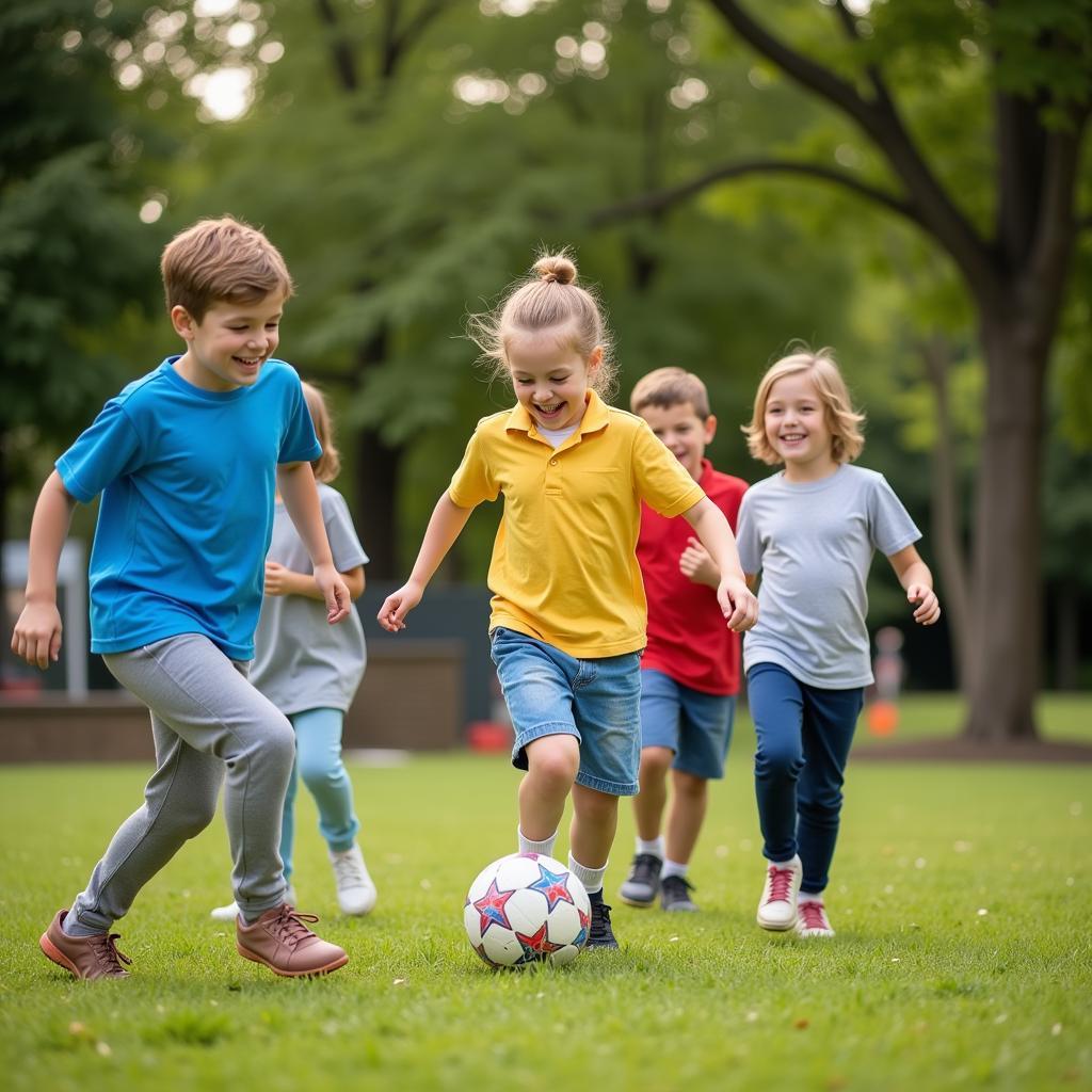 Children playing soccer with friends