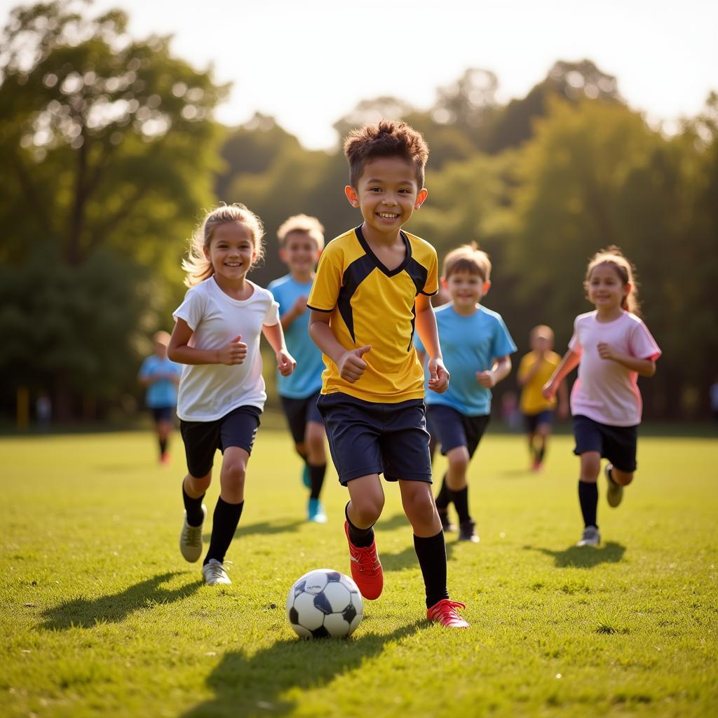 Children playing soccer outdoors