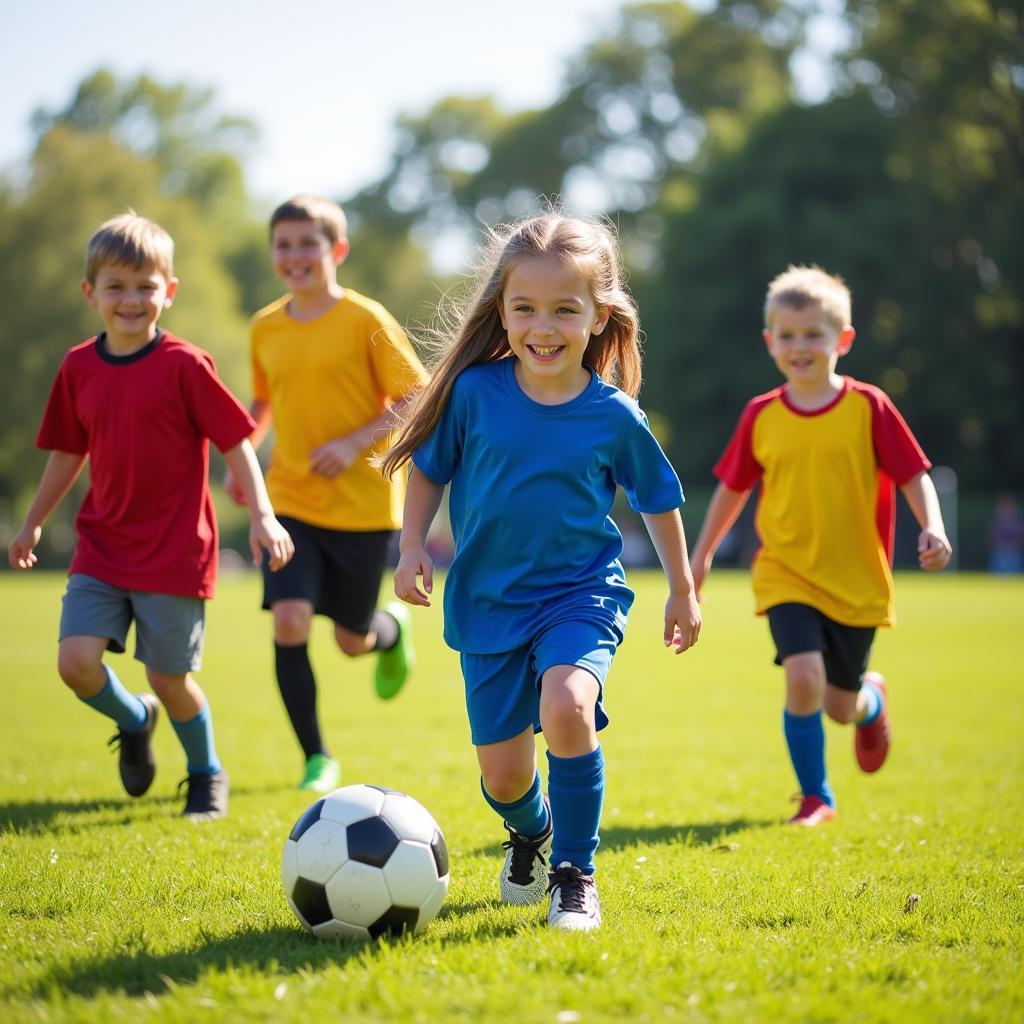 Children playing soccer outdoors