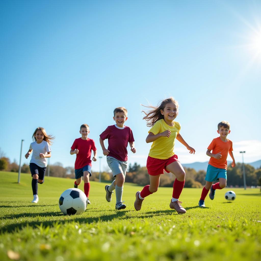 Children playing soccer outdoors