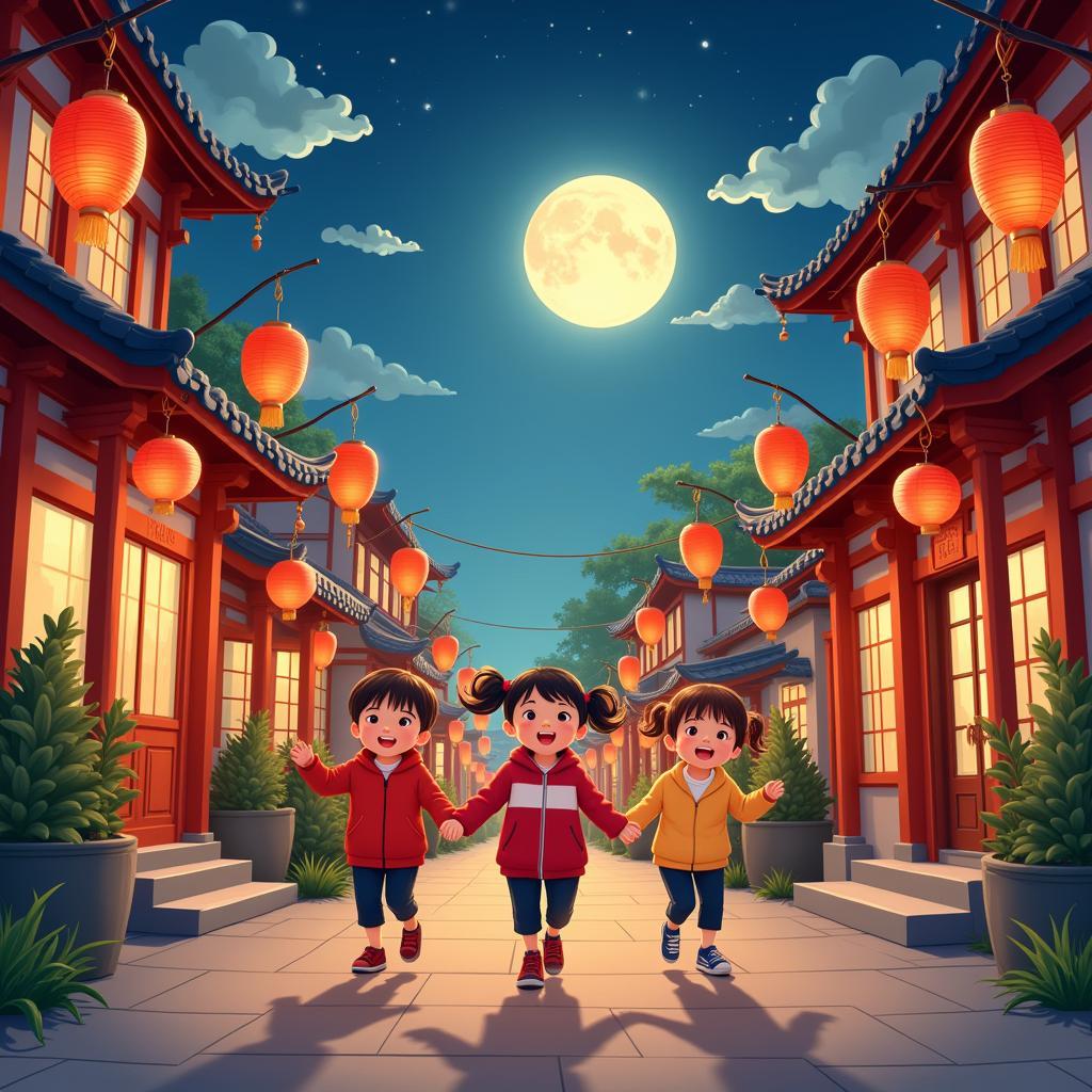 Children playing with lanterns during Mid-Autumn Festival