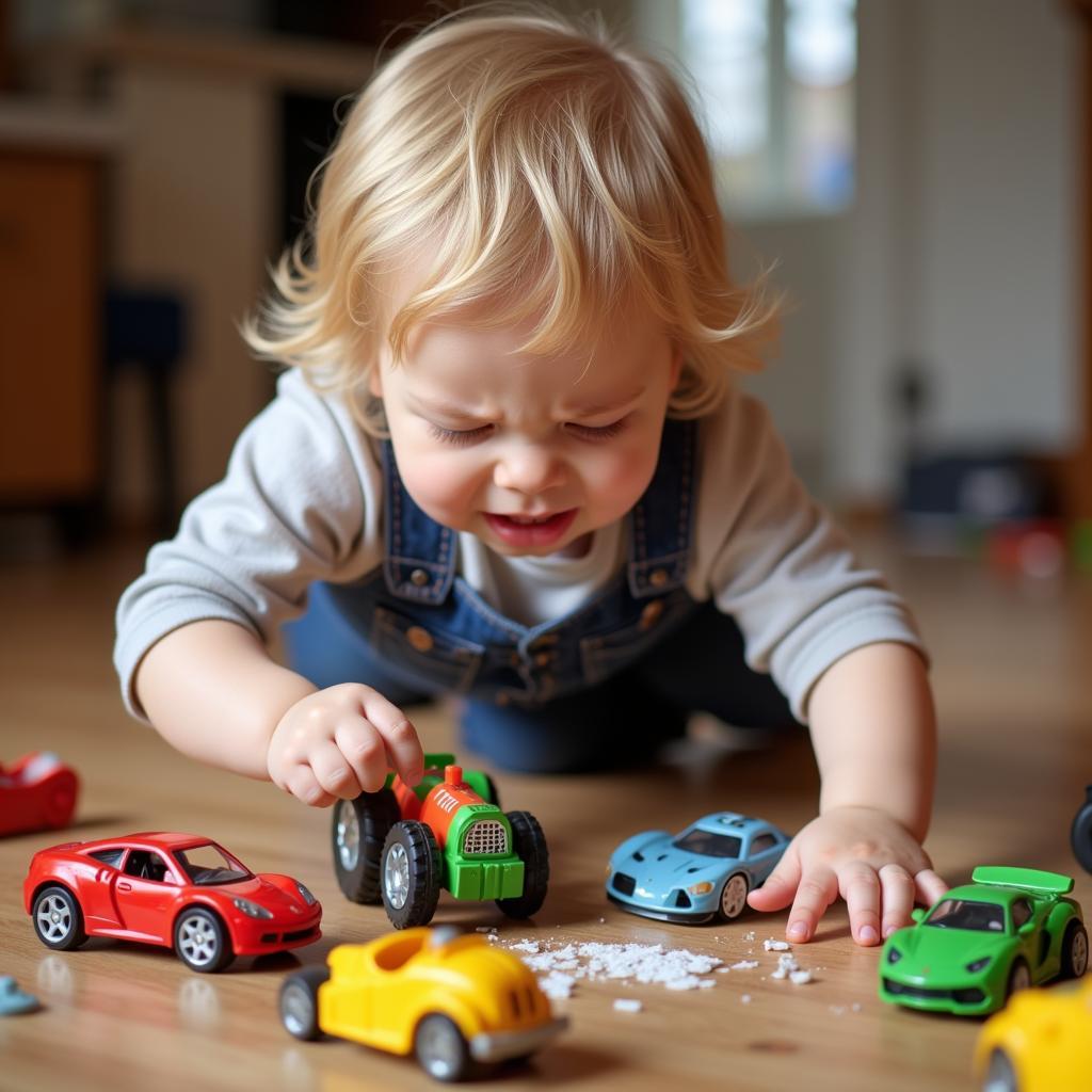 A child smashing a toy car on the floor