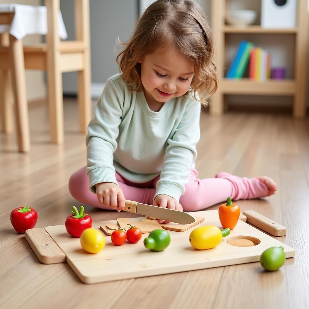 Little girl playing with wooden toy fruits and vegetables