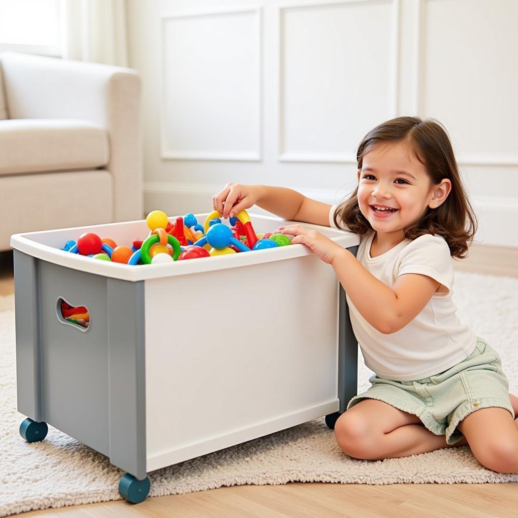  A little girl playing with her toys next to a toy storage box with wheels.