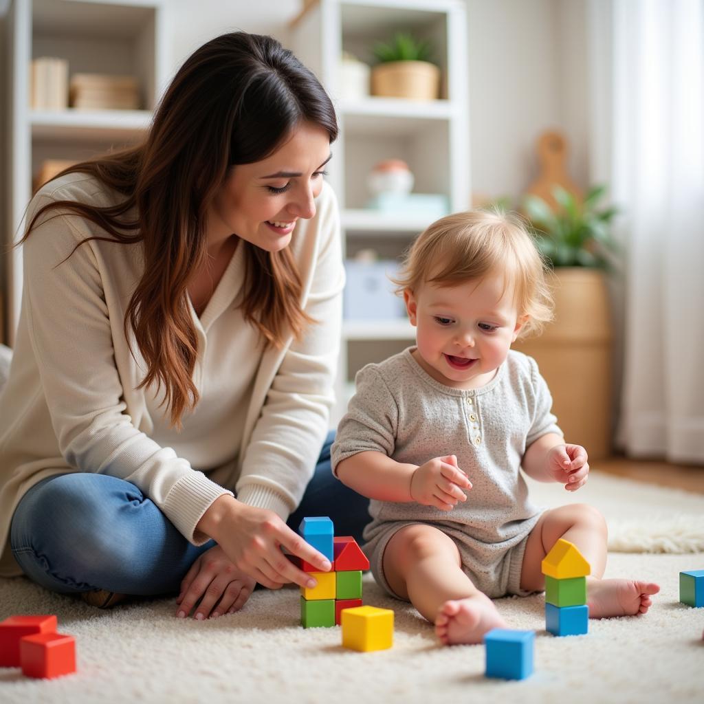 Baby girl playing with toys and her mother