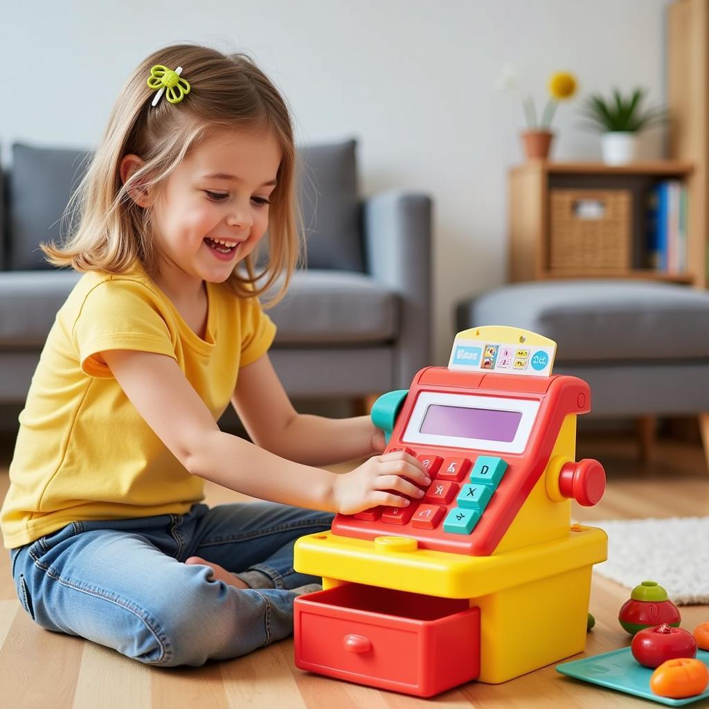 Little girl playing with cash register toy