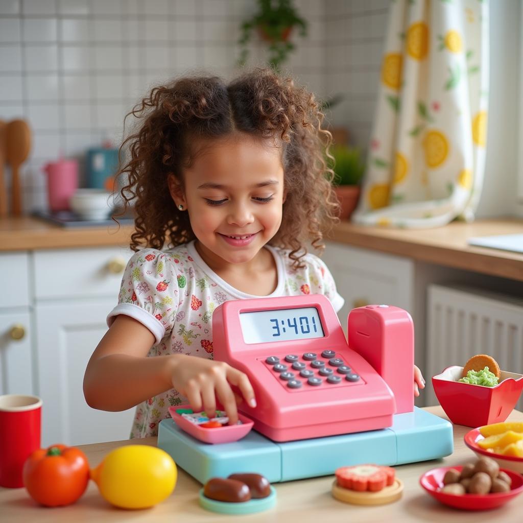 Little girl playing with toy cash register