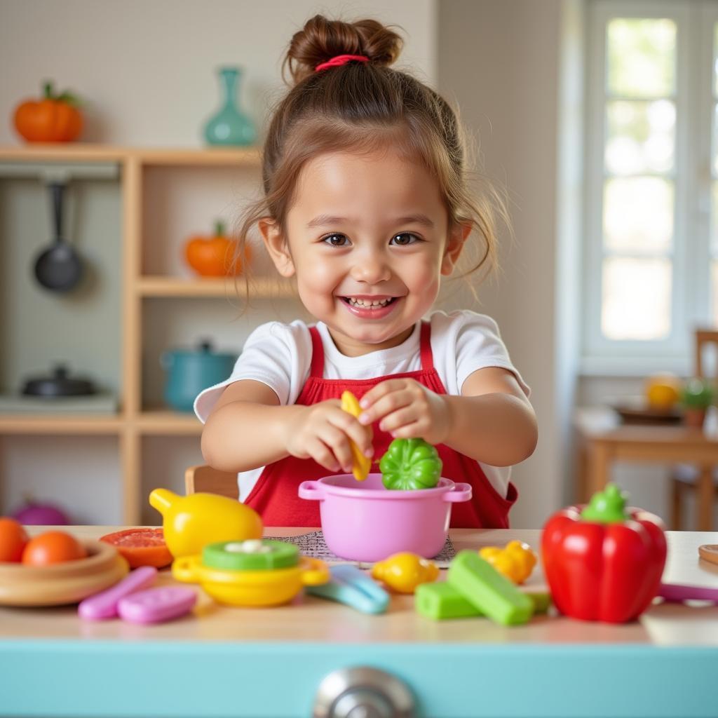 Little Girl Playing with Toy Kitchen Set