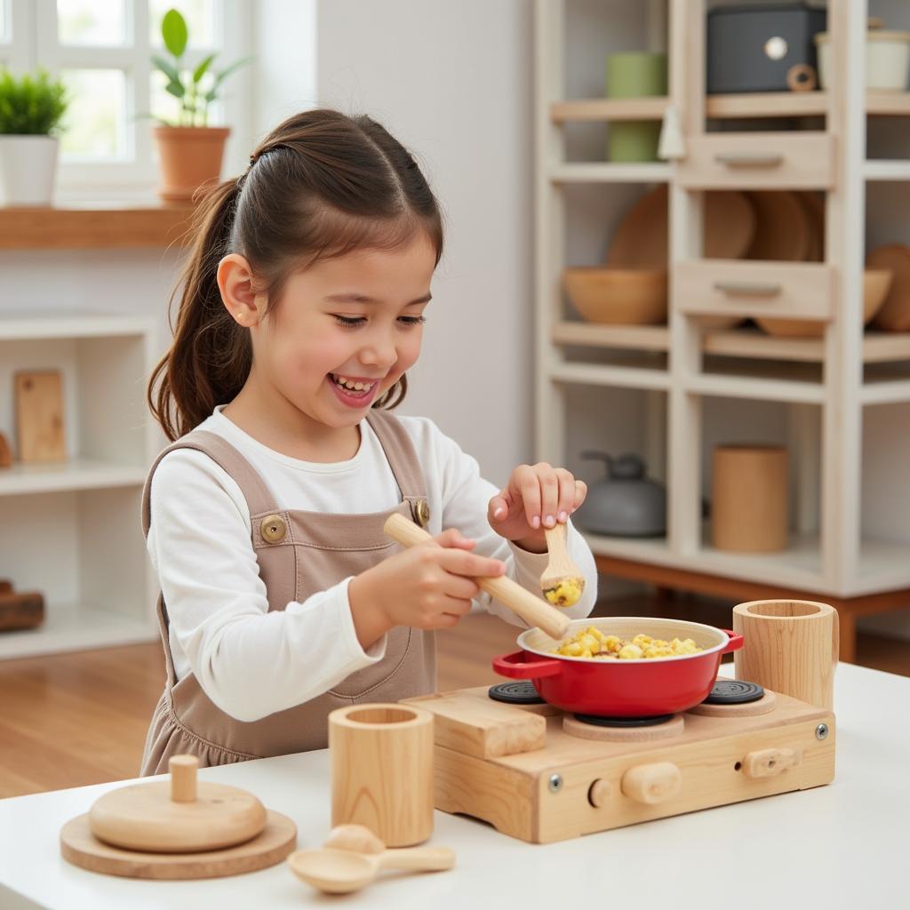 Girl Playing with Wooden Kitchen Set