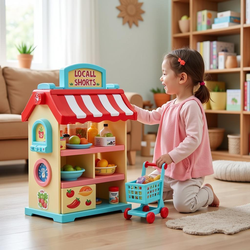 Little girl playing with a toy supermarket