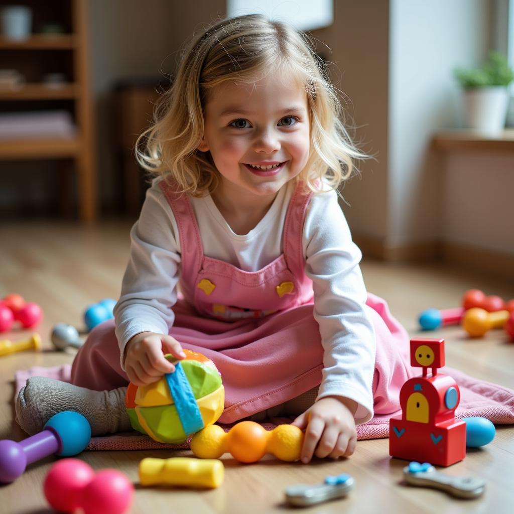 Little girl playing with handmade toys