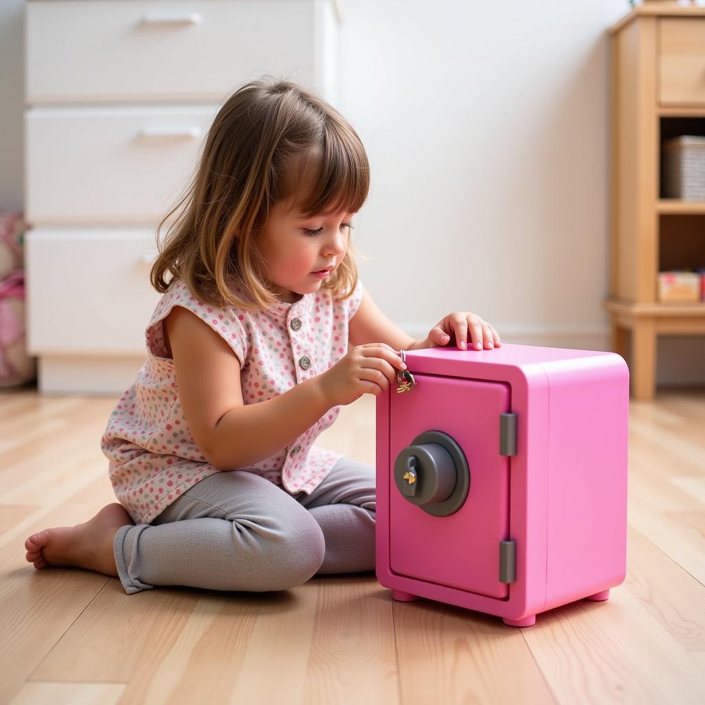 Little girl playing with toy safe