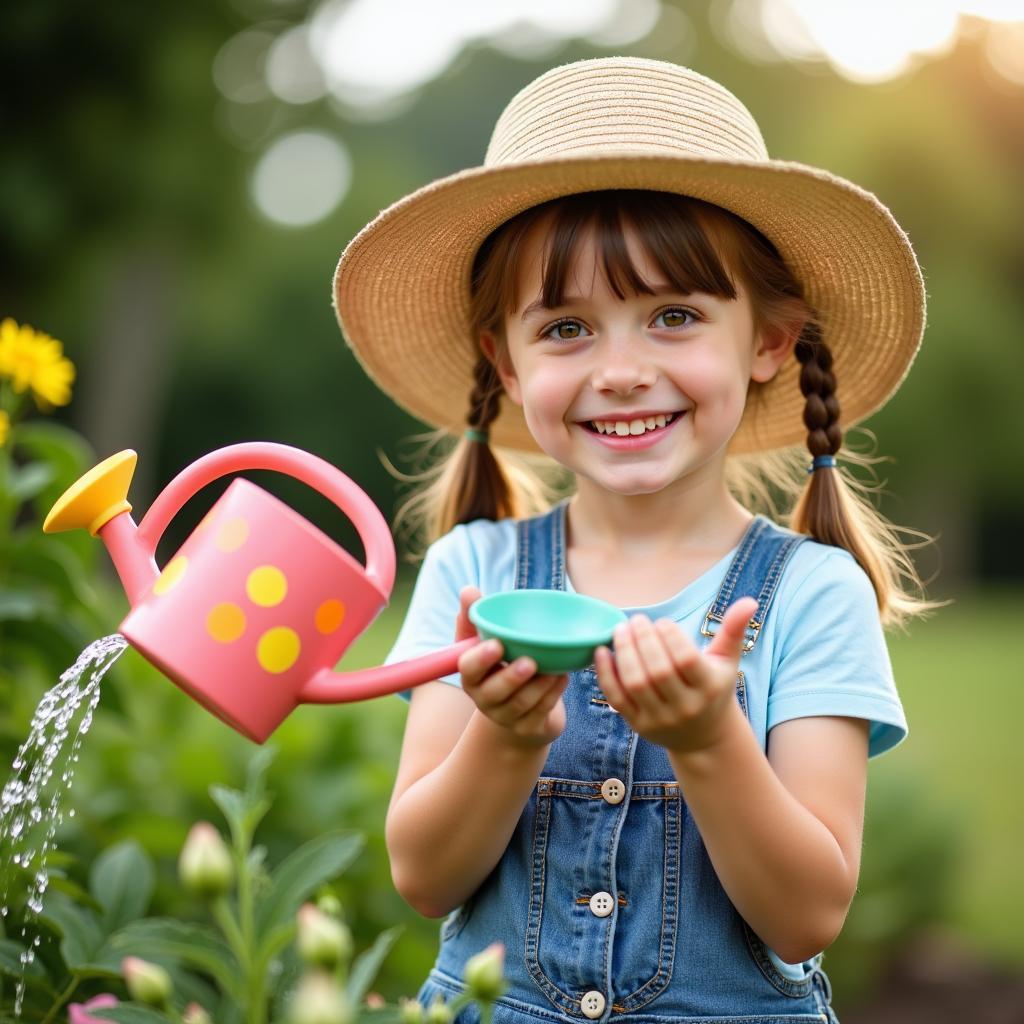 Little Girl Watering Plants