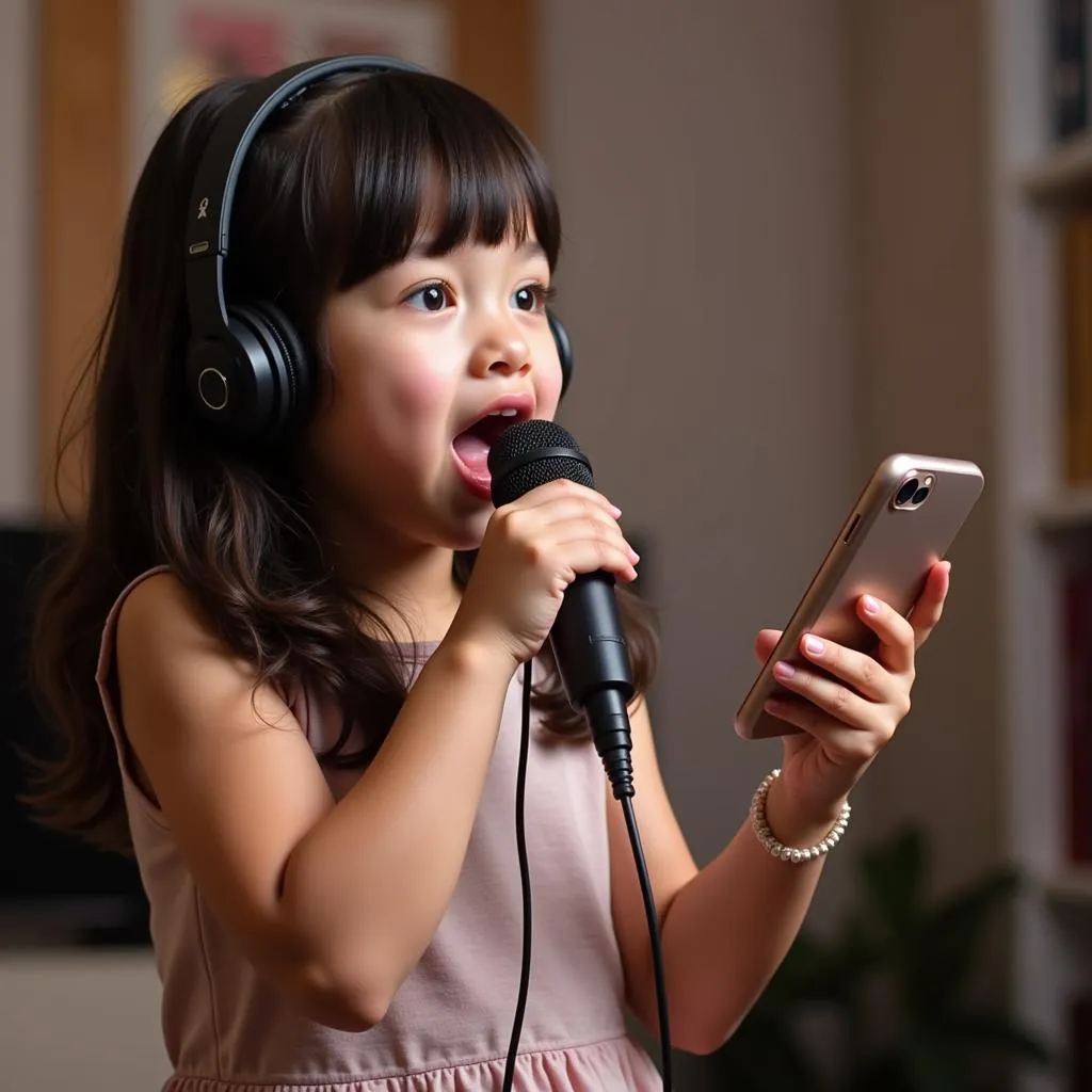 Bé gái nhỏ cầm microphone hát vào điện thoại