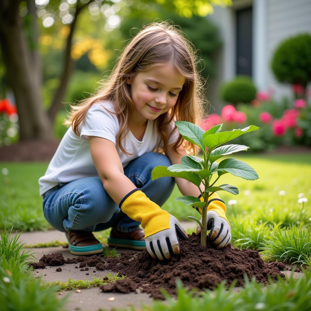 A young girl planting a tree