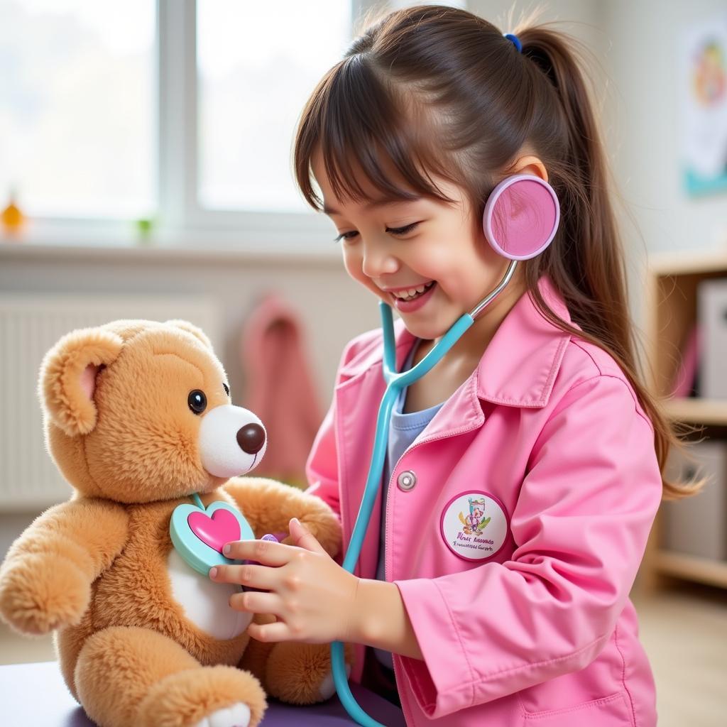 A little girl wearing a doctor coat is playing with a doctor toy set.