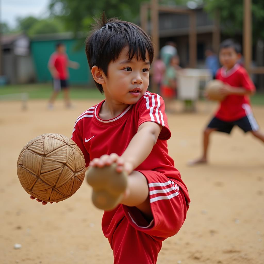 Bé tập đá cầu cơ bản