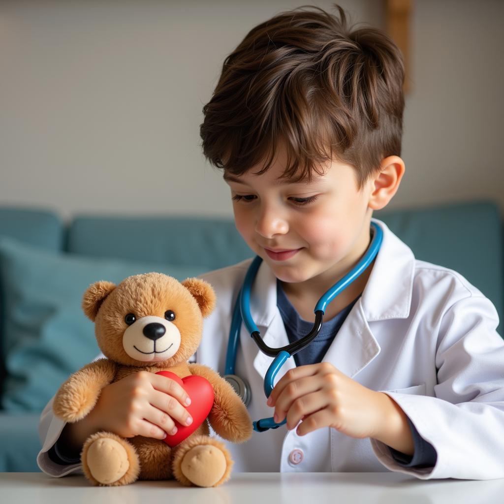 A young boy is pretending to be a doctor, using a toy stethoscope to examine his teddy bear.