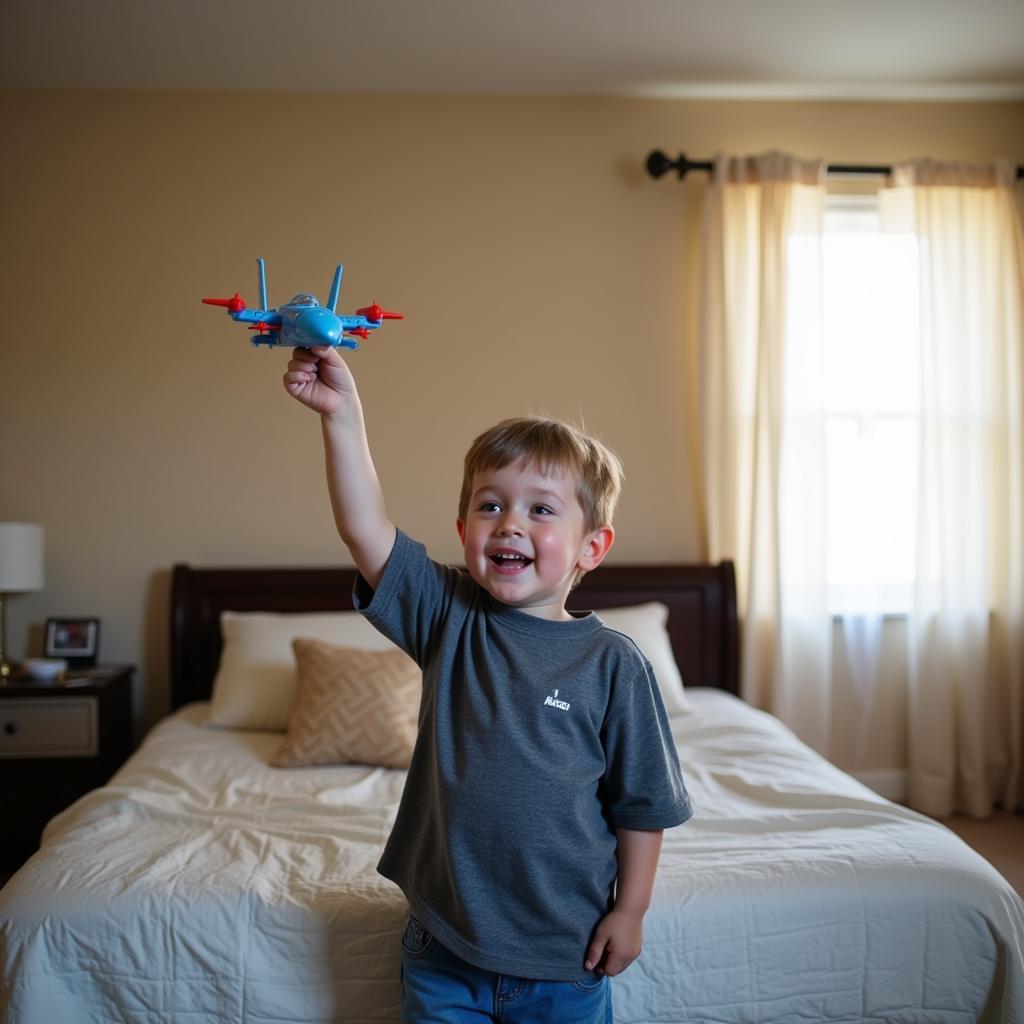 Boy playing with toy fighter jet