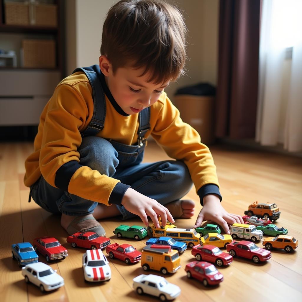 Boy playing with Tomica Takara cars