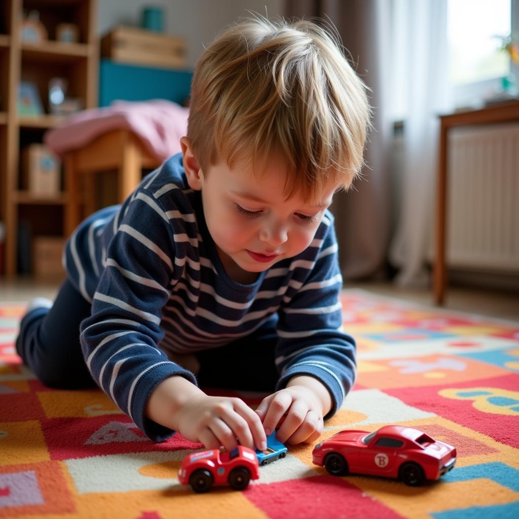 A little boy playing with toy cars