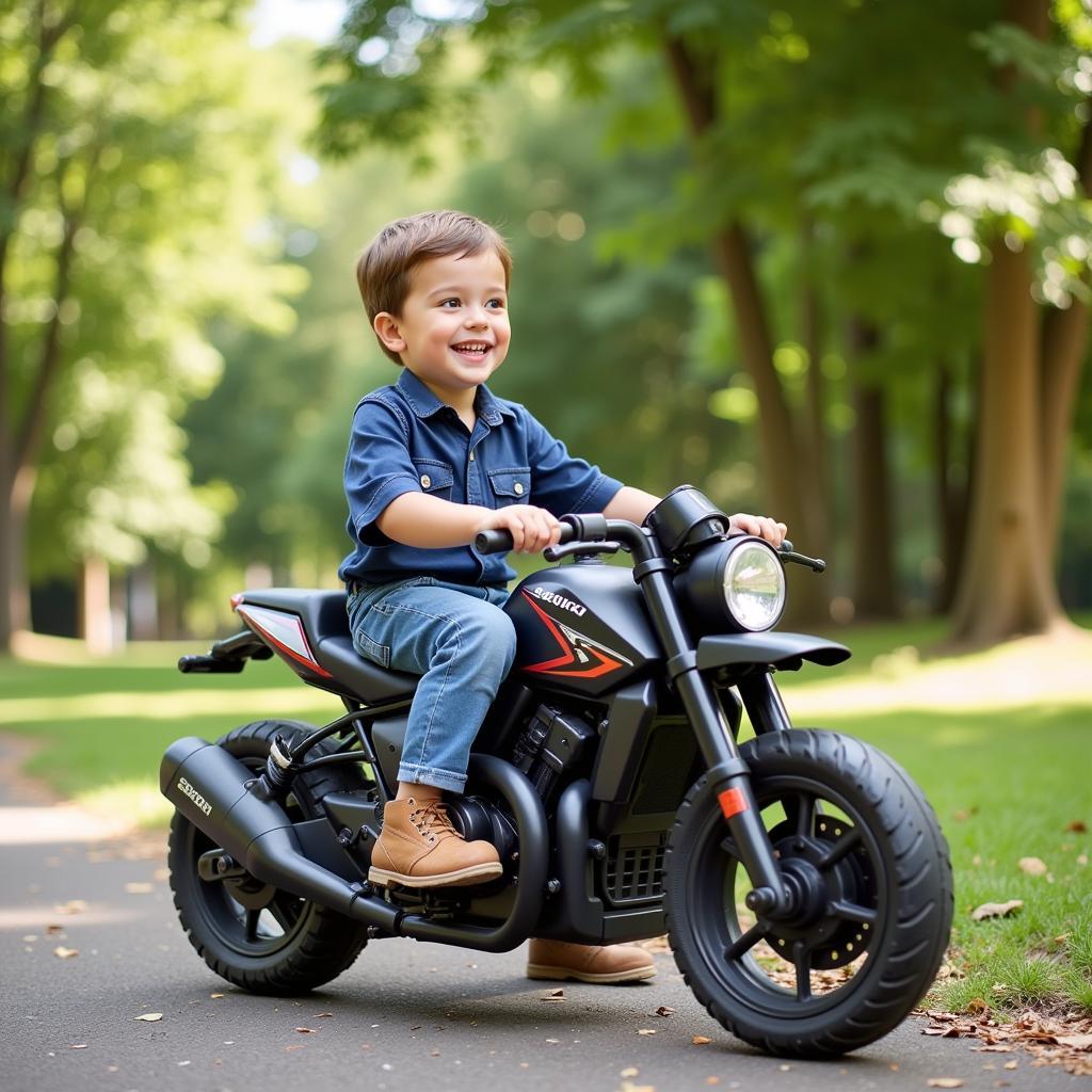 A boy happily playing with his Suzuki Axelo toy motorcycle