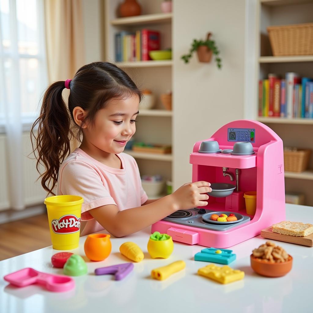 Bé gái đang chơi với bộ đồ chơi nấu ăn Playdoh