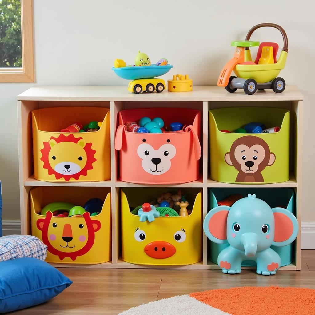 Colorful toy bins shaped like animals in a child's playroom