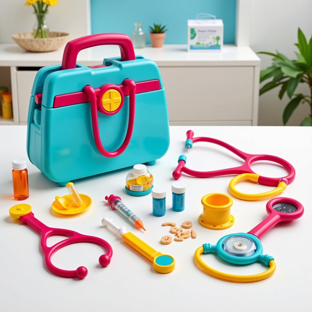 A colorful doctor toy set with various medical instruments displayed on a table.