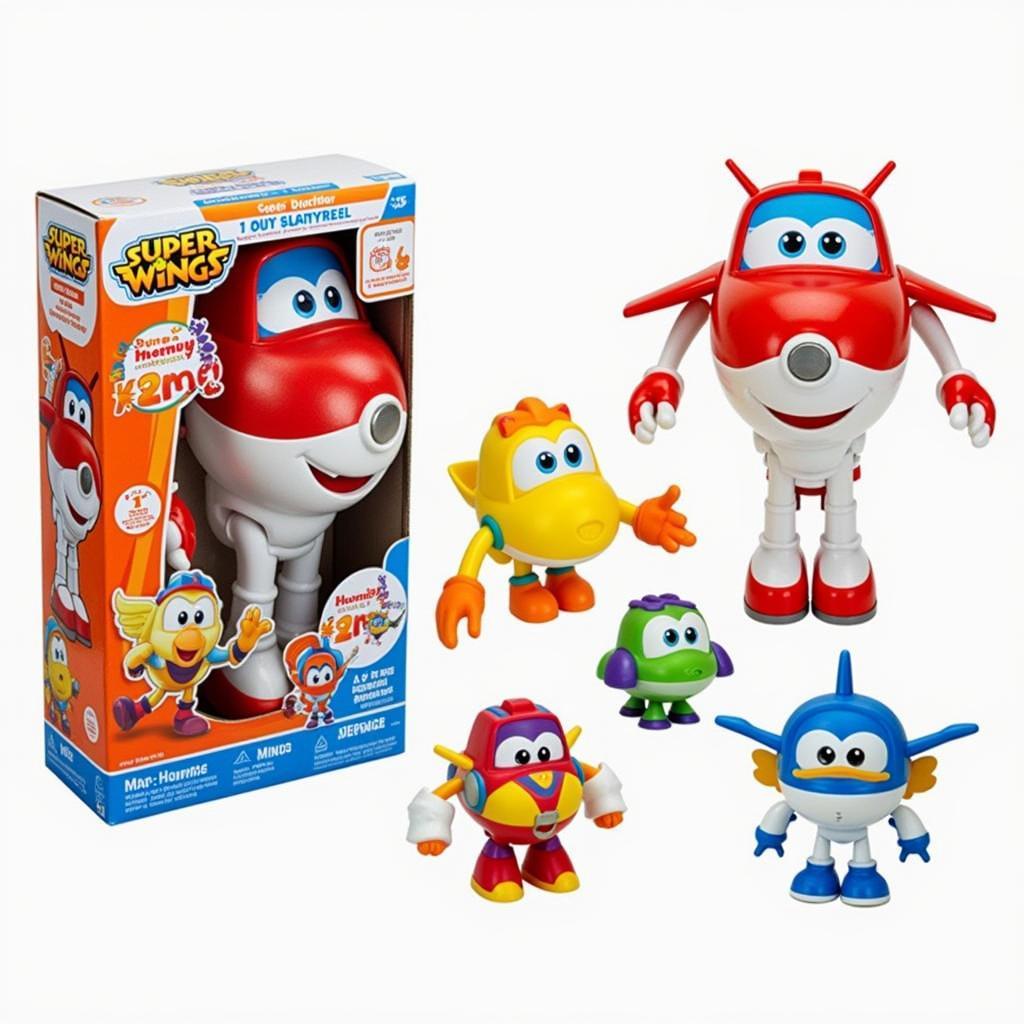 Bộ đồ chơi Super Wings với các nhân vật Jett, Dizzy, Donnie và Jerome.