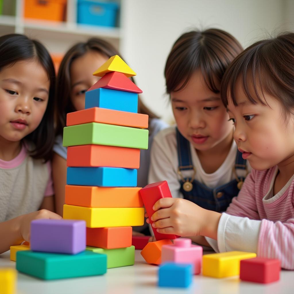 Children engaging with building blocks