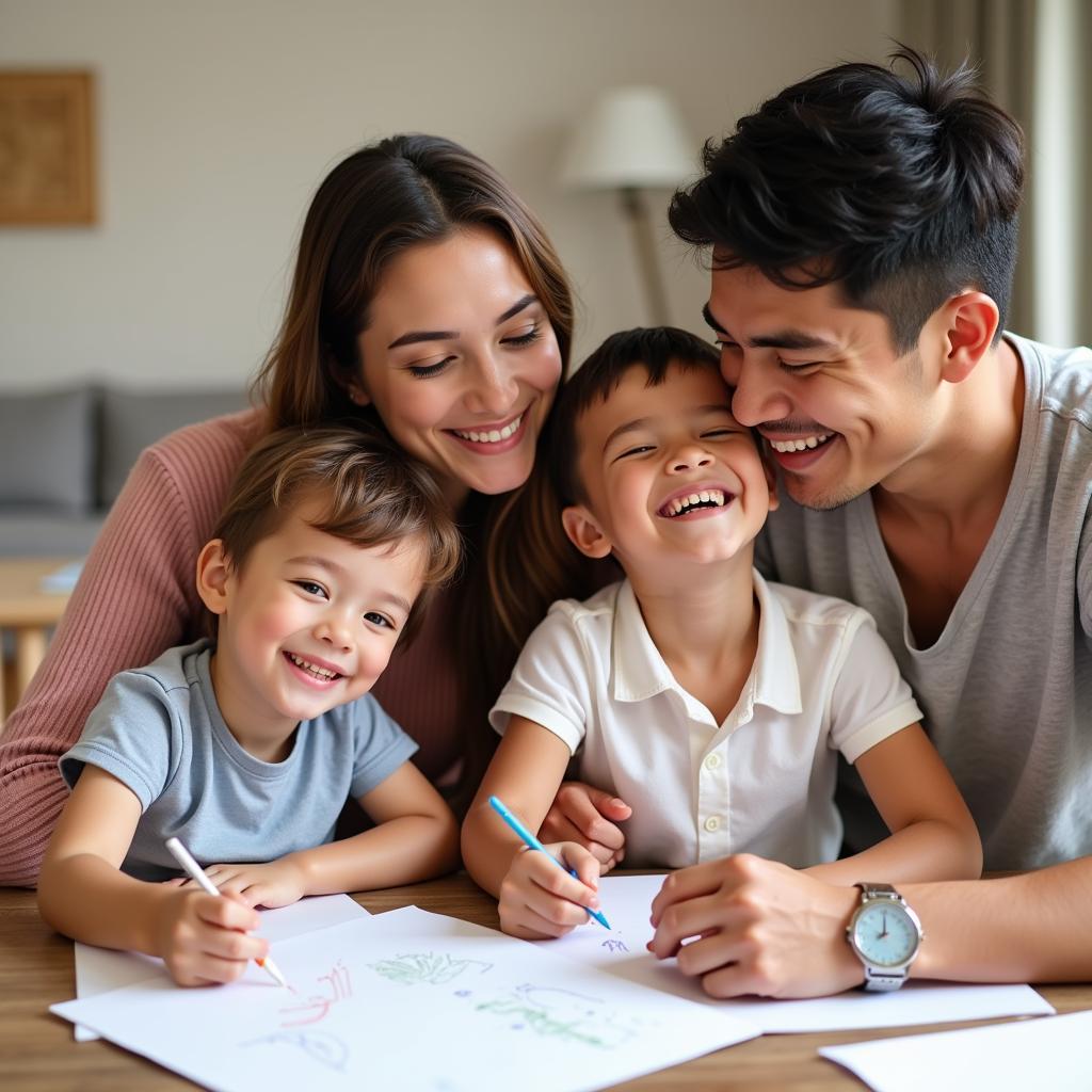 Parents and kids coloring together