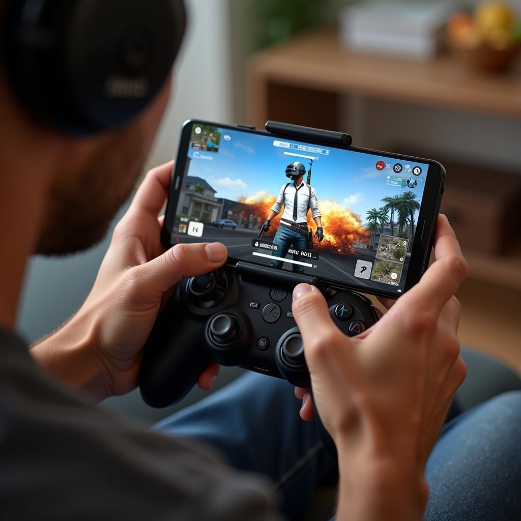 Bphone 3 Pro being held with a PUBG Mobile game controller