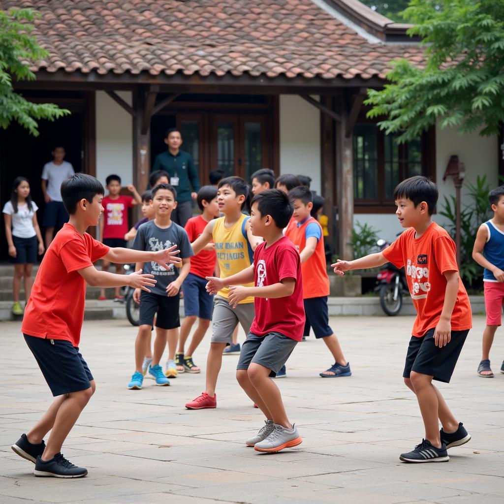 Các bạn trẻ đang chơi nhiều trò chơi dân gian khác nhau