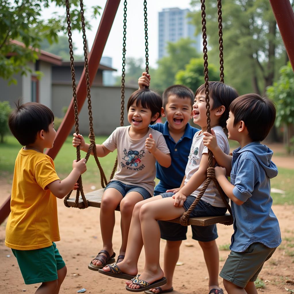 Children playing on a swing set together