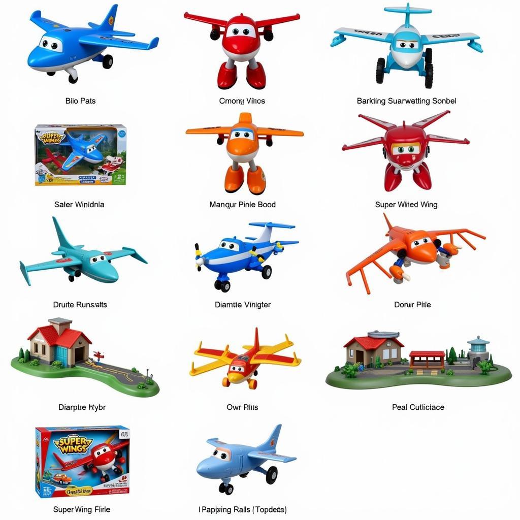 Hình ảnh các loại bộ đồ chơi Super Wings khác nhau như mô hình máy bay, sân bay, đường băng, v.v.