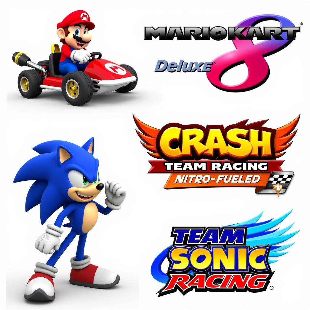 Hình ảnh minh họa cho 3 tựa game đua xe 2 người phổ biến là Mario Kart 8 Deluxe, Crash Team Racing Nitro-Fueled, Team Sonic Racing.