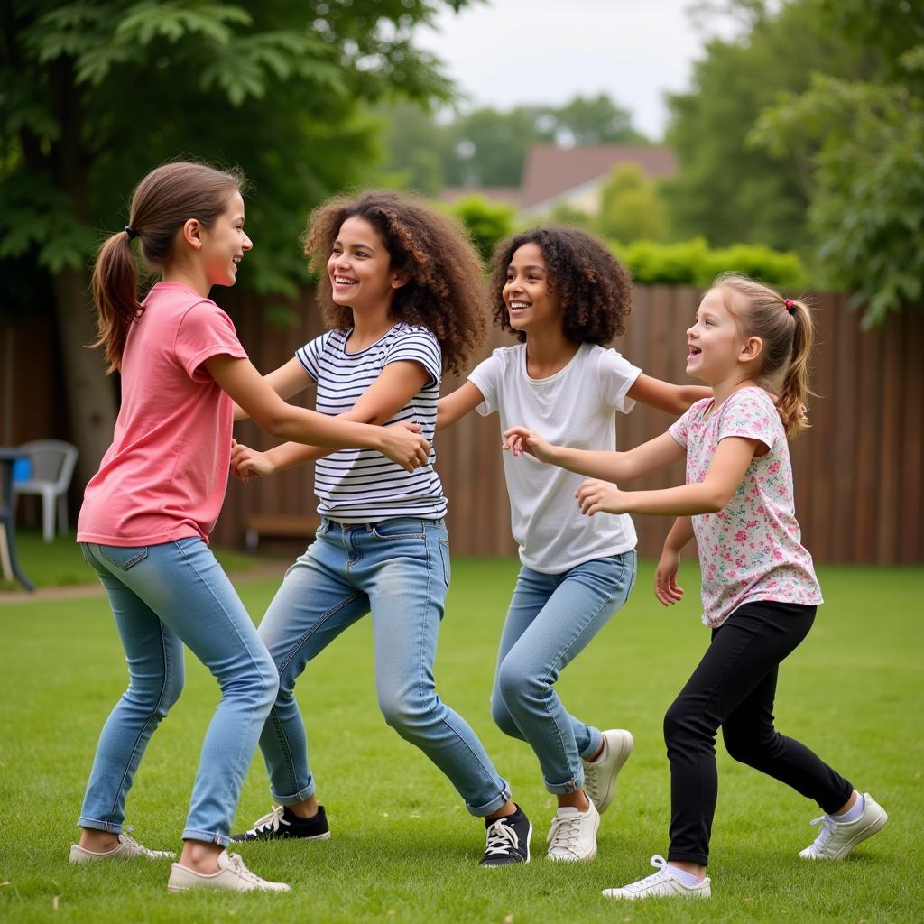 Group of friends laughing while playing follow the leader