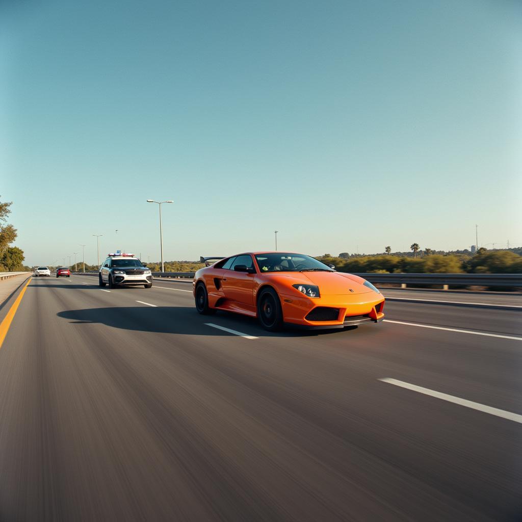 Police car chasing a speeding sports car