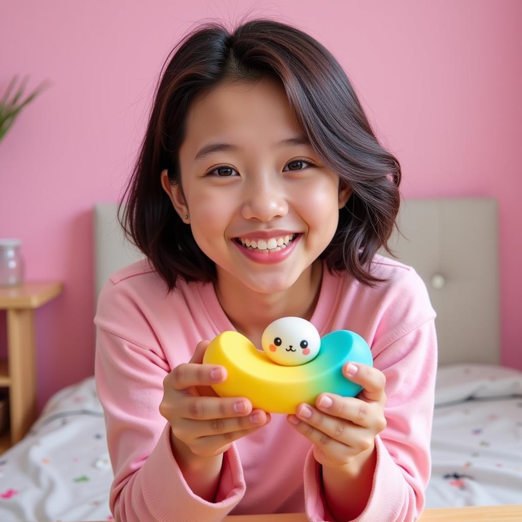 Chị Thơ Nguyễn cầm squishy trên tay và mỉm cười