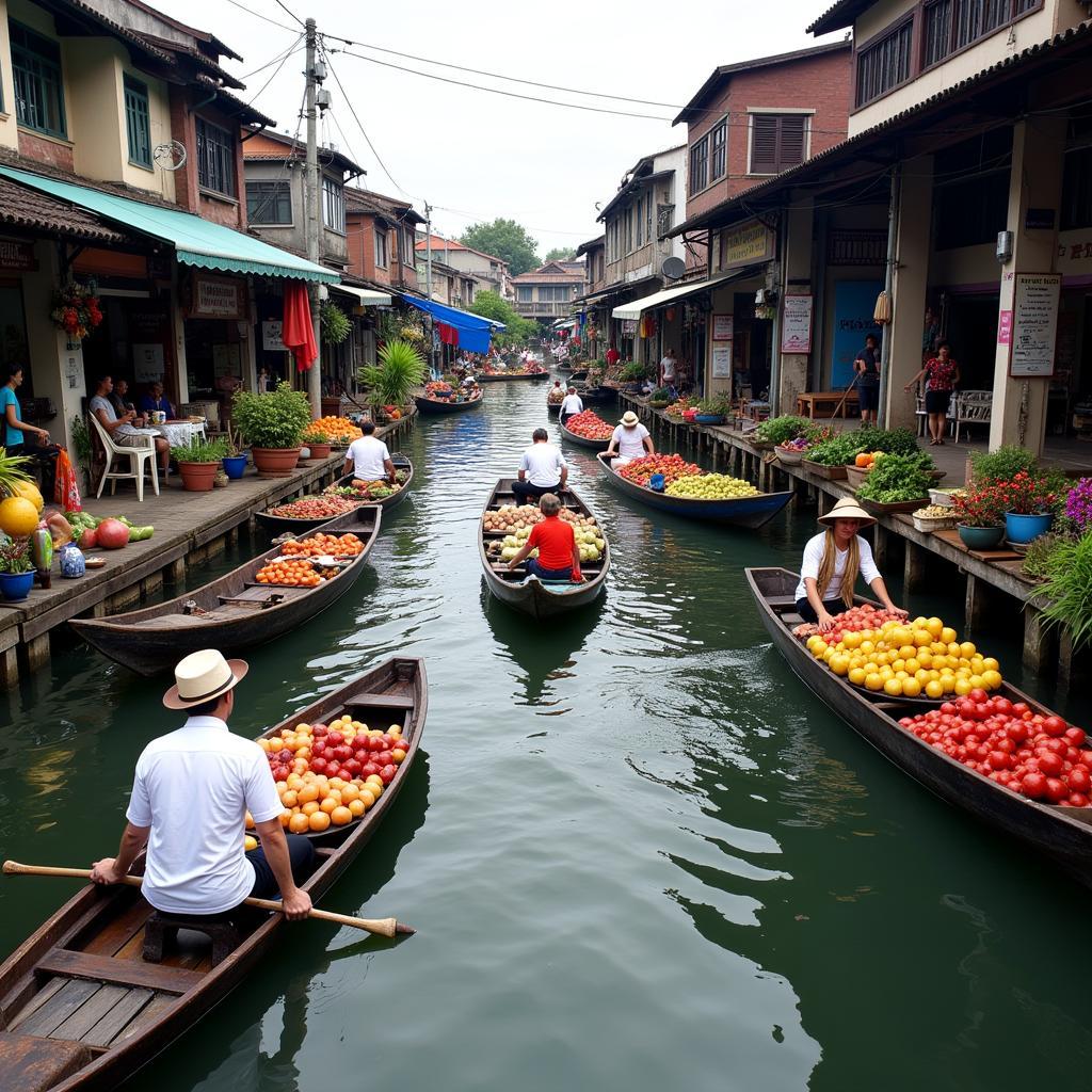 Chợ nổi Damnoen Saduak nhộn nhịp với nhiều hoạt động mua bán