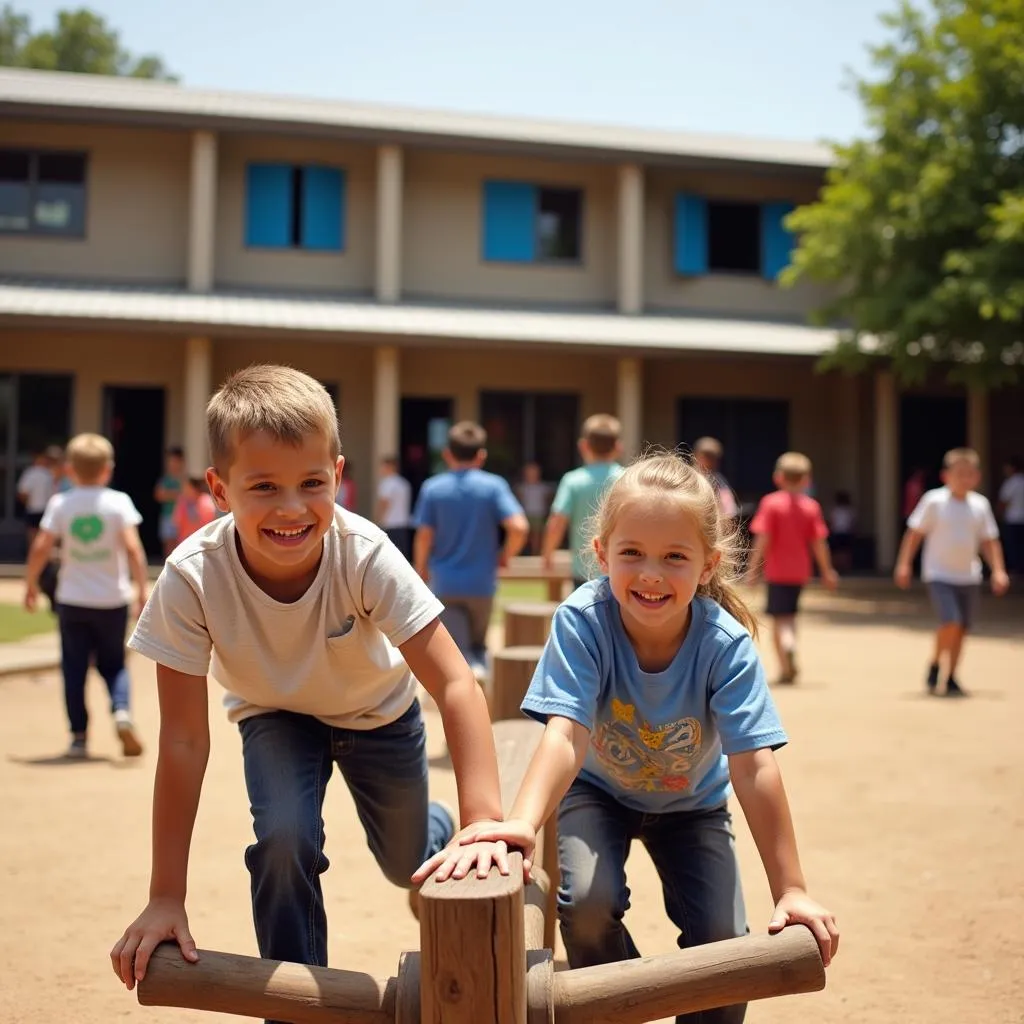 Children playing on a seesaw in front of the school