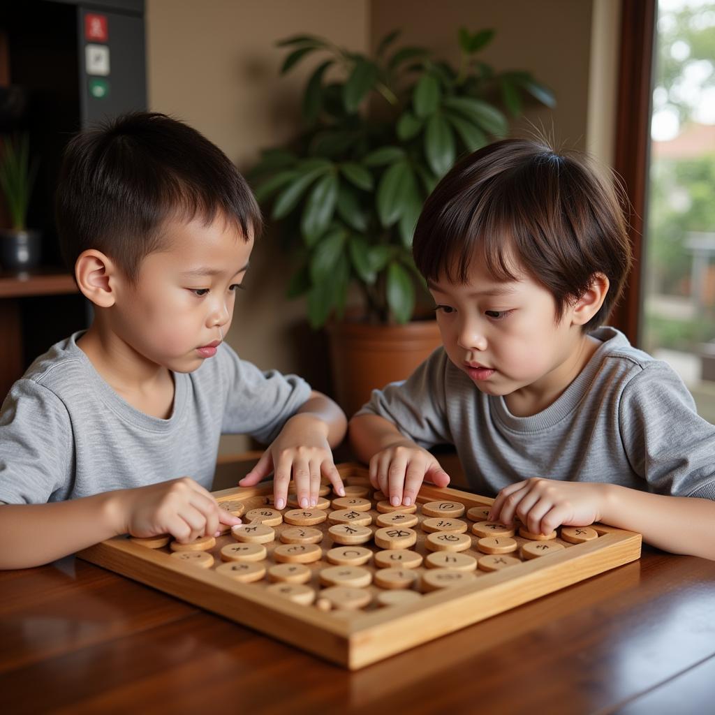 Hai em nhỏ đang chơi ô ăn quan cùng nhau